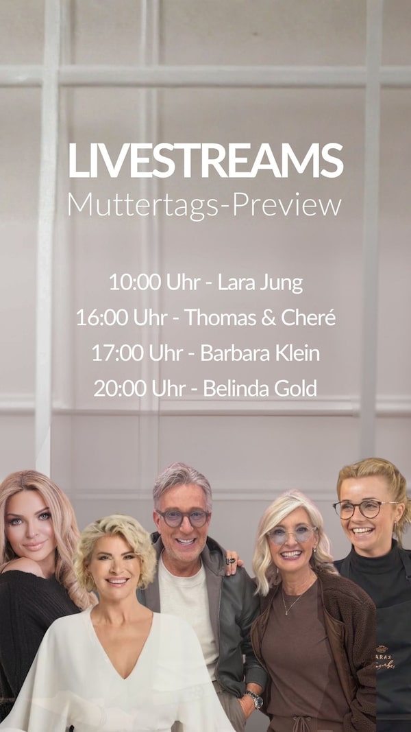 Background for Morgen&nbsp;ist&nbsp;Muttertag!&nbsp;✨<br/>Schon&nbsp;in&nbsp;unseren&nbsp;heutigen&nbsp;Livestreams&nbsp;zeigen&nbsp;wir&nbsp;dir&nbsp;die&nbsp;ersten&nbsp;Muttertags-Angebote.<br/>Sei&nbsp;gespannt&nbsp;und&nbsp;sichere&nbsp;dir&nbsp;exklusive&nbsp;Deals,&nbsp;bevor&nbsp;sie&nbsp;weg&nbsp;sind!&nbsp;👀<br/><br/>Like&nbsp;&&nbsp;folg&nbsp;jetzt,&nbsp;damit&nbsp;du&nbsp;nichts&nbsp;verpasst!<br/>(Einfach&nbsp;auf&nbsp;das&nbsp;✚&nbsp;neben&nbsp;dem&nbsp;Profil&nbsp;klicken)&nbsp;💖